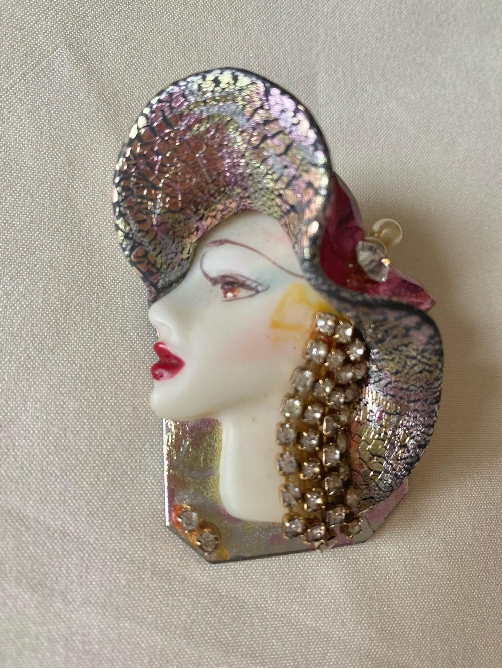 Vintage Woman w/Hat + Hanging Earrings Brooch
